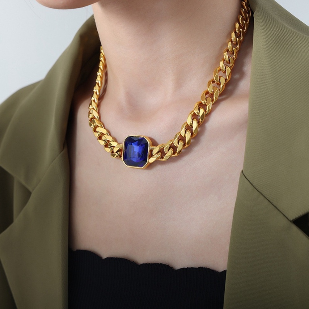 18K Gold Plated Cuban Link Chain Necklace*Blue Sapphire Zircon Necklace*